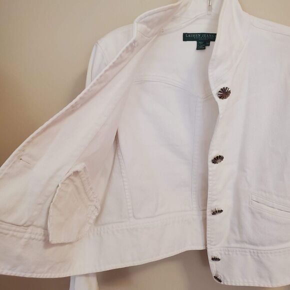 Lauren Ralph Lauren Jacket Petite Medium Womens White Denim Embossed Button READ - Picture 10 of 15